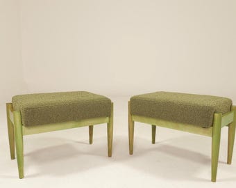 Pair of stools red green bouclé Boho style wooden kids chairs Scandinavian design