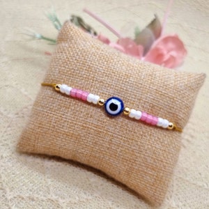 Bracelet de perles Evil Eye rose avec carte porte-bonheur - Bracelet Nazar