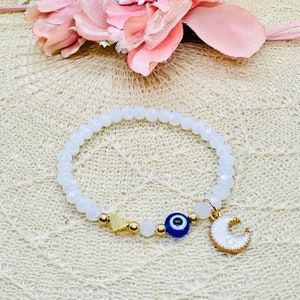 Bracelet perlé Evil Eye avec cœur et lune avec carte porte-bonheur - Bracelet Nazar