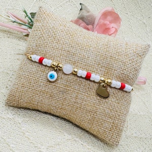 Bracelet en macramé mauvais œil avec pendentif coeur et quartz rose avec carte porte-bonheur - Bracelet porte-bonheur Nazar