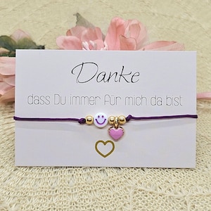 Smiley Armband mit Herz - zartes Makramee Freundschaftsarmband inkl. Danke Grußkärtchen