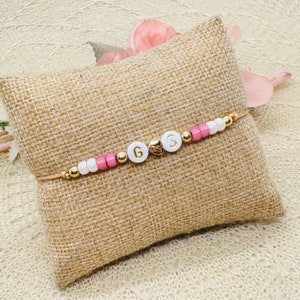 Pulsera inicial con corazón de latón - pulsera de filigrana personalizada rosa blanco