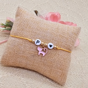 Pulsera personalizada de macramé gatito rosa - pulsera de letras con gato