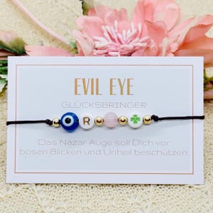 Pulsera personalizada de macramé Evil Eye con hoja de trébol que incluye tarjeta - Pulsera de amuleto de la suerte Nazar