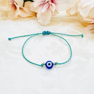Pulseira Evil Eye Macrame Menta Dourada com Cartão - Pulseira Nazar Lucky Charm - Pulseira de Proteção - Presente de Nascimento