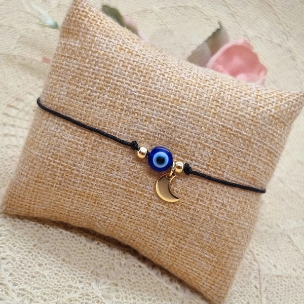 Evil Eye Makramee Armband mit Mond Anhänger inkl. Glücksbringer Kärtchen - Nazar Glücksbringer Armband