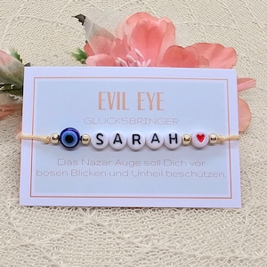 Bracelet prénom Evil Eye avec cœur avec carte porte-bonheur - Bracelet porte-bonheur Nazar