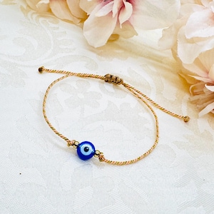Pulseira Evil Eye Macrame Ouro Bege com Cartão - Pulseira Nazar Lucky Charm - Pulseira de Proteção - Presente de Nascimento
