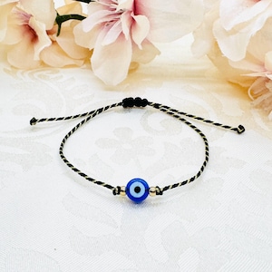 Pulseira Evil Eye Macrame Ouro Preto com Cartão - Pulseira Nazar Lucky Charm - Pulseira de Proteção - Presente de Nascimento