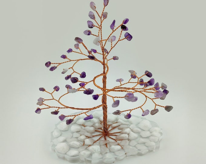 Amethyst Crystal Tree of Life Copper Wire Sculpture on Resin Base