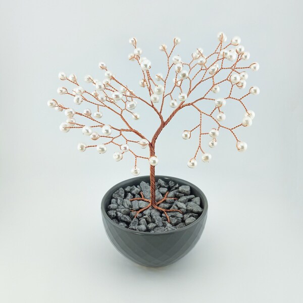 White Pearl Copper Wire Tree, 30 Year Anniversary Gift for Couple, Engagement Gift, Home Decor