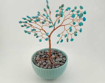 Árbol de cobre de piedra preciosa turquesa con tazón de cerámica, piedra de nacimiento de diciembre, regalo de aniversario para ella, arte con alambre