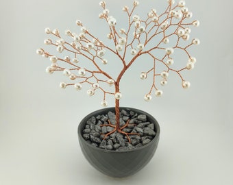 White Pearls Copper Wire Tree, 30 Year Anniversary Gift for Couple, Engagement Gift, Home Decor