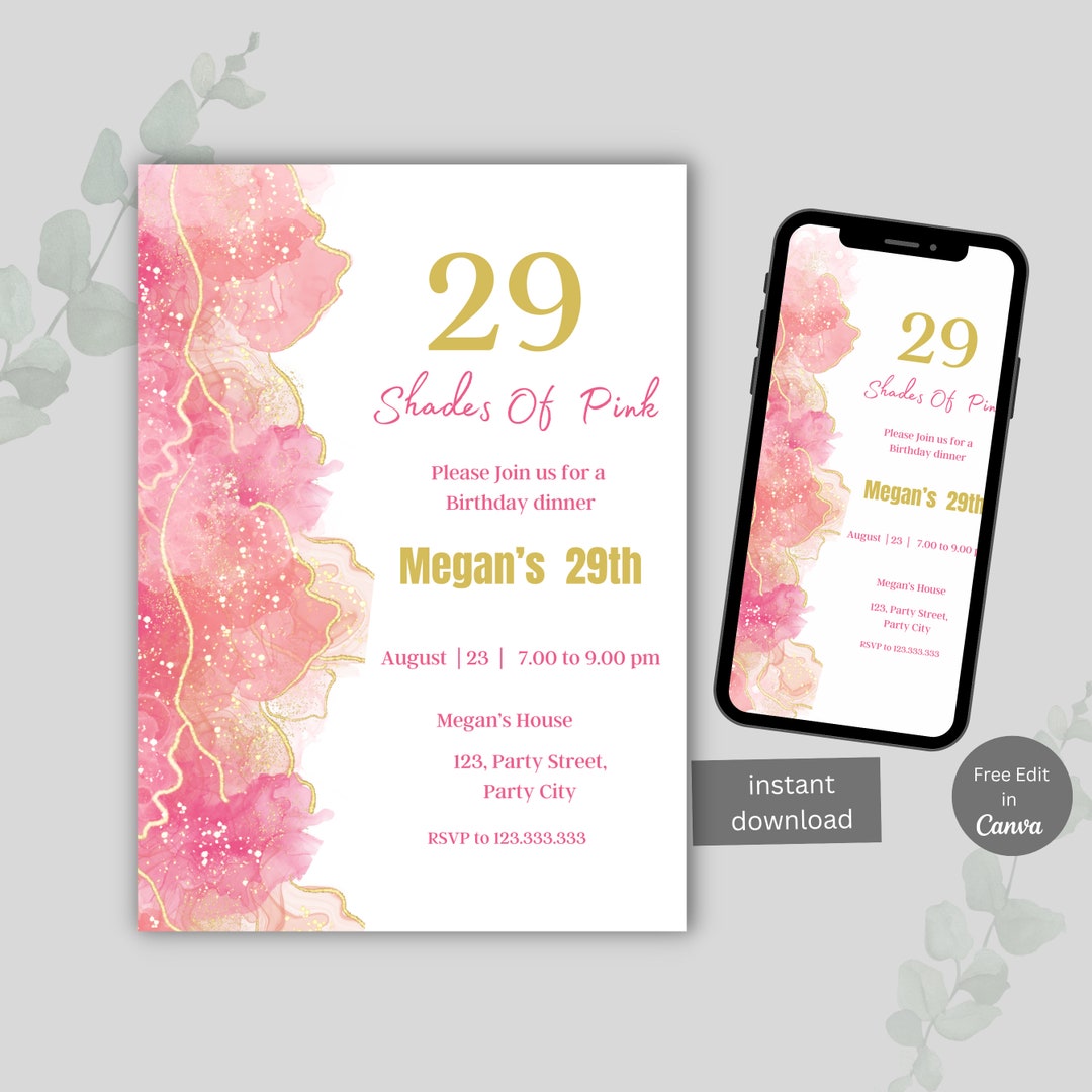 Shades of Pink Birthday Invitation Editable Shades of Pink Etsy