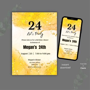 Yellow  Birthday Invitation, Let&#39;s Party, Yellow Gold agate Birthday Invitation , Glitter , 22nd, 24th Invite, Printable , Editable or Text