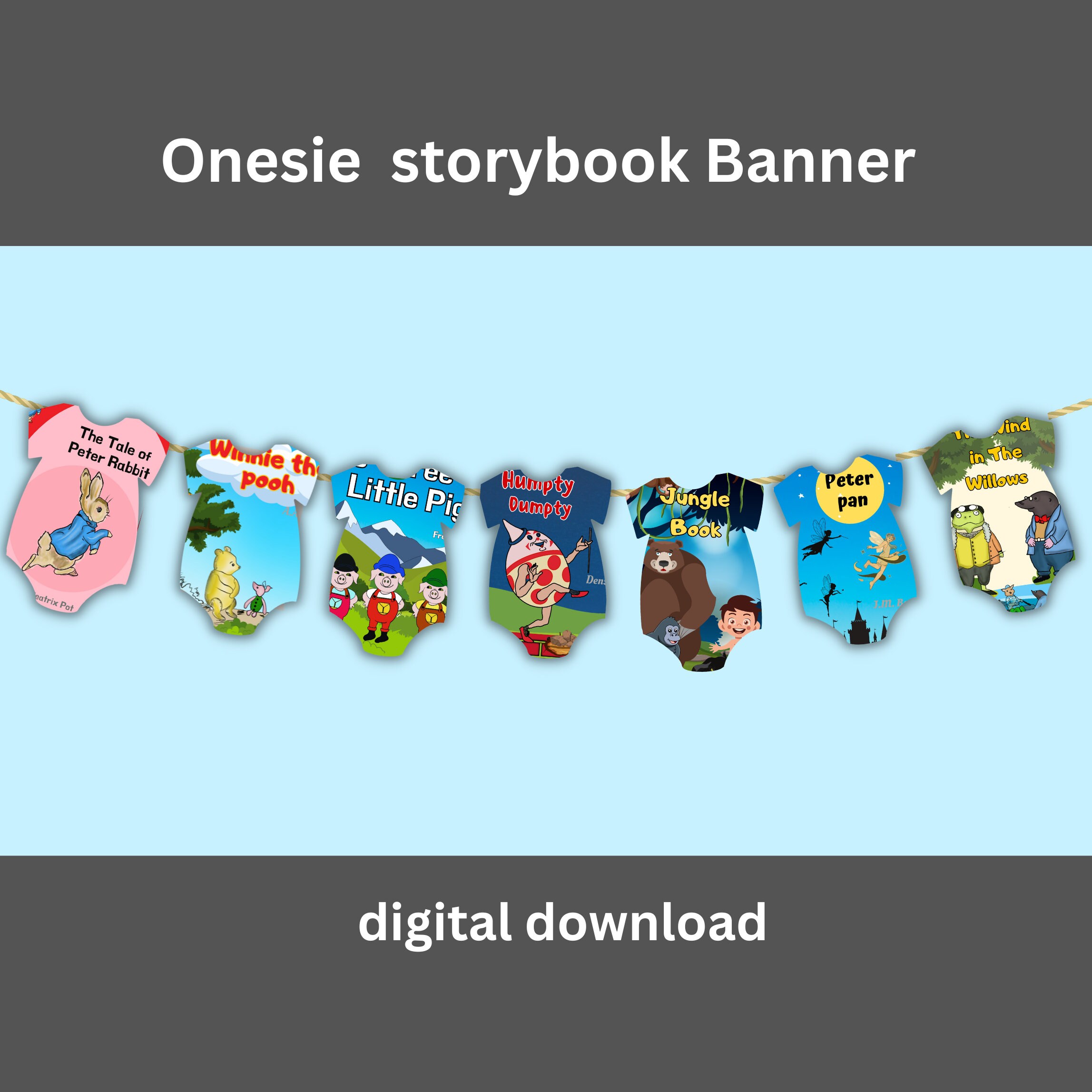 Storybook Baby Shower Banner| Torybook Onesie Decor, Baby Shower Onesie ...