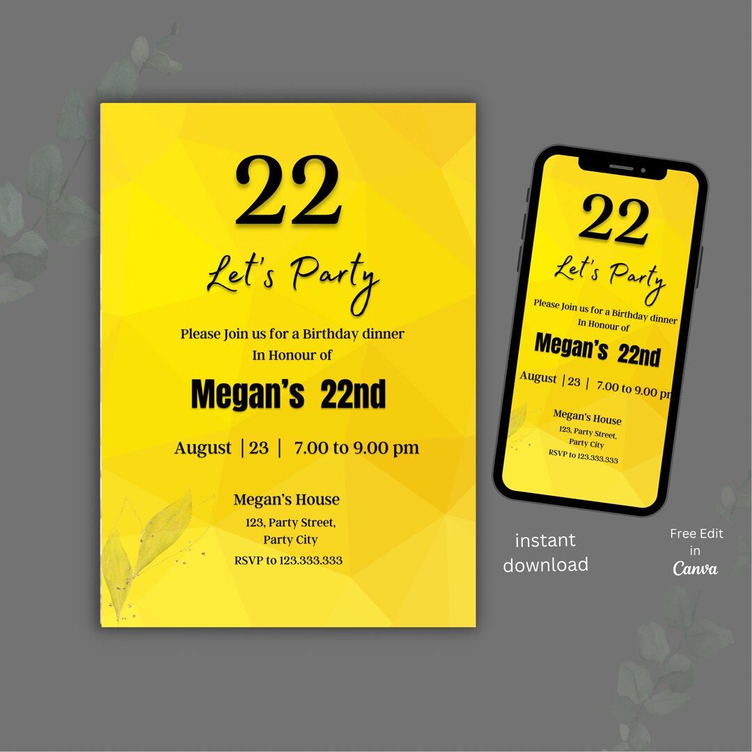Yellow Birthday Invitation, 22nd Birthday Invitation, Lets Party