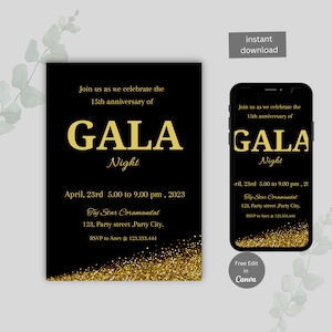 Editable Gala Invitation, Gala Party, Corporate Invite, Fundraiser, Business Invitation, Business Anniversary, Black and Gold, Printable-2