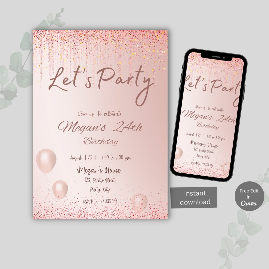 Rose Gold Birthday Invitation Lets Party Rose Gold Etsy