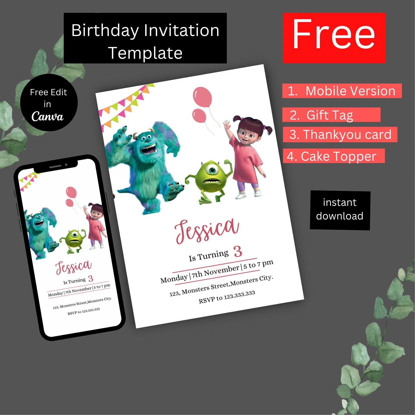 Monster Inc Invitation Kids Invitation Digital Monsters Etsy