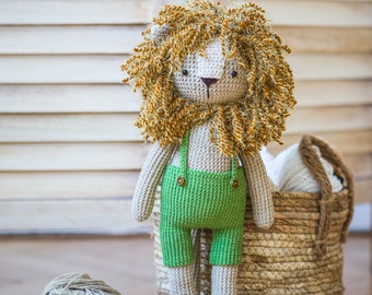 Funny lion toy in overalls