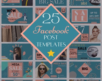 May include: A collection of 25 Facebook post templates with a variety of designs and layouts. The templates feature a blue and pink color scheme with text that says "25 Facebook Post Templates".