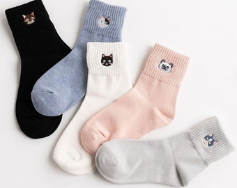 Personalized Embroidered Socks, Socks Made For Women, Socks with Cats Avatar, Gifts For Her,summer sock, Cotton Socks, Cat embroidered socks