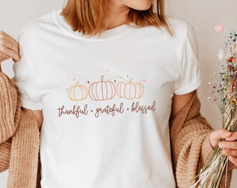 Herbst Tshirt "grateful" Kürbis - Thanksgiving Pumpkin Shirt - Boho Kleidung - herbstliches Shirt - Tshirt Herbstmotiv - Cottagecore Shirt