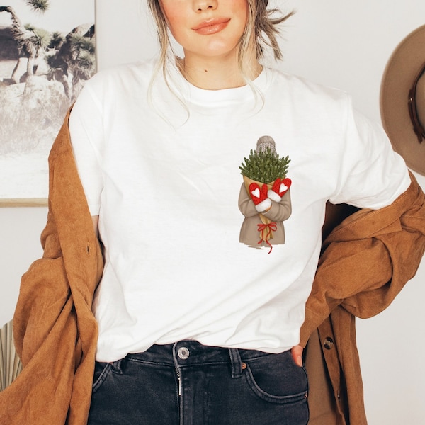 Christmas Tshirt - Girl with Christmas Tree - WinterShirt - Boho Clothing WinterMotiv - Cottagecorestyle - ChristmasShirt