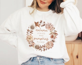 Sweatshirt Autumn Pumpkin & Leaves - Farm Autumn Sweater - Boho Clothing - Autumn Sweatshirt - Cottagecore / Autumn Sweater