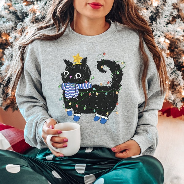 Weihnachten Pullover Katzen Christmas Lights - Christmas Sweater - Boho Kleidung - ChristmasClothing Sweatshirt - Cottagecore-Style