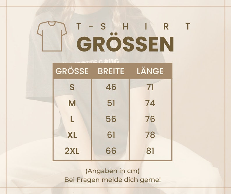 May include: Size chart for a t-shirt with measurements in centimeters for width and length. Sizes include S, M, L, XL, and 2XL.