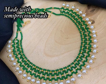 Unique Handmade Necklace Made with Semiprecious Green Beads and Pearls