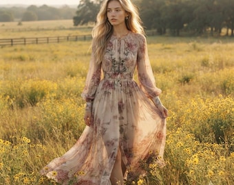 Vintage Floral Maxi Dress, Boho Long Sleeve Dress, High Waist Pleated Dress, O Neck Spring Holiday Party Dress for Women