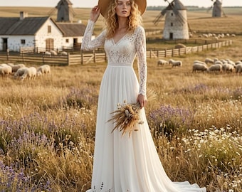 Langärmeliges Brautkleid aus Spitze, Boho-Brautkleid aus Chiffon, rustikales Landhaus-Hochzeitsoutfit mit V-Ausschnitt von IsabelleBoho