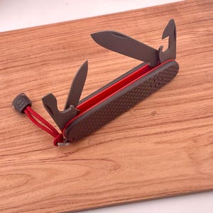 Custom Victorinox SAK Tinker Carbon Scales With Red G10 Liners With Ballpoint Pen Tweezers, Toothpick And Lanyard