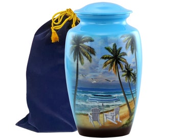 Beach Cremation Urn, Paradise Beach Adult Urn, Funeral and Memorial Cremation Urns for Human Ashes up to 200 lbs with Velvet Bag