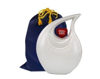 Forever in Our Hearts Teardrop Urn - Handcrafted Unique Design for Ashes Pearl White Adult Memorial with Velvet Bag (Large)