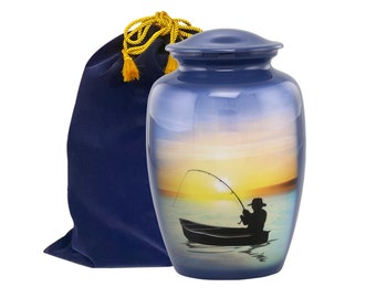 Fishing Cremation Urn - Adult Fishing Urn - Funeral and Memorial Cremation Urns for Human Ashes up to 210 lbs with Velvet Bag