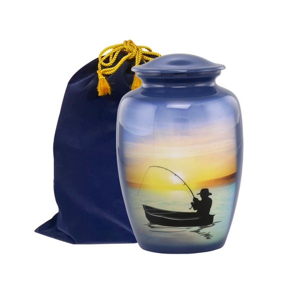 Fishing Cremation Urn - Adult Fishing Urn - Funeral and Memorial Cremation Urns for Human Ashes up to 210 lbs with Velvet Bag