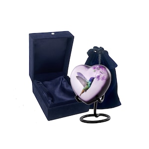 Hummingbird Heart Urn - Hummingbird Heart Keepsake Urn for Ashes - Mini Memorial Sharing Heart Urn with Display Stand, Velvet Case & Bag