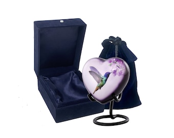Hummingbird Heart Urn - Hummingbird Heart Keepsake Urn for Ashes - Mini Memorial Sharing Heart Urn with Display Stand, Velvet Case & Bag