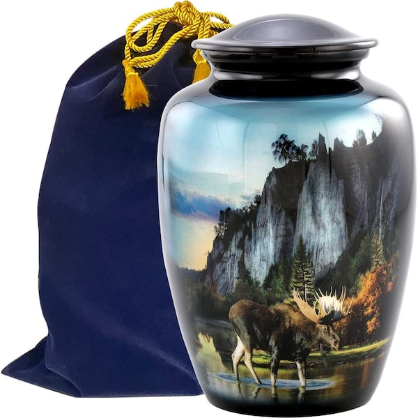 Moose Cremation Urn, Adult Moose Urn, Hunting Urn,  Funeral and Memorial Cremation Urns for Human Ashes up to 210 lbs with Velvet Bag