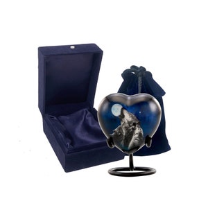 Wolves Heart Urn - Midnight 3 Wolves Heart Keepsake Urn for Ashes - Mini Memorial Sharing Heart Urn with Display Stand, Velvet Case & Bag