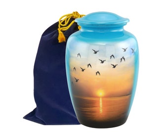Flying Birds Urn, Sunset Doves Urn,  Going Home Adult Urn, Funeral and Memorial Cremation Urns for Human Ashes up to 200 lbs with Velvet Bag