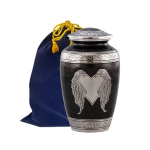 Loving Angel Wings Urn - Black Angel Wings & Heart Urn - Funeral and Memorial Cremation Urns for Human Ashes up to 200 lbs with Velvet Bag