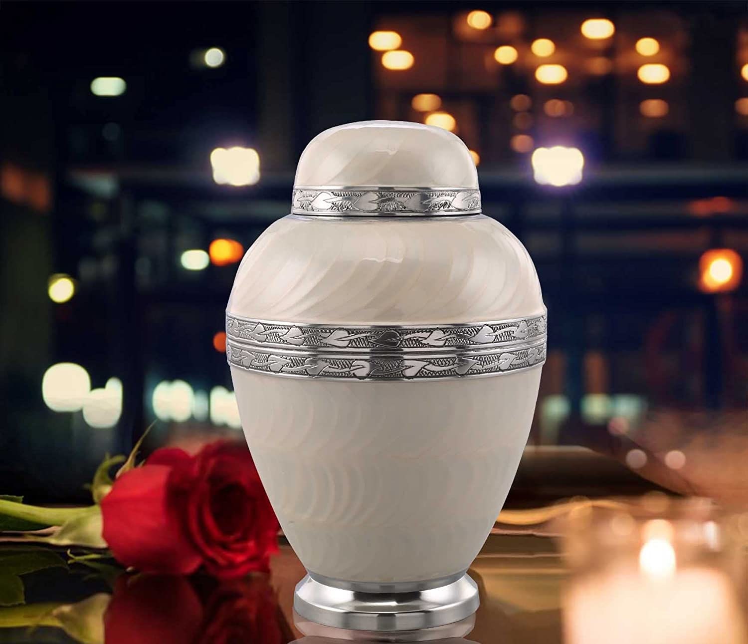 Serenity White Urn - Pearl White Urn with Silver Band - Funeral and Memorial Cremation Urns for Human Ashes up to 200 lbs with Velvet Bag