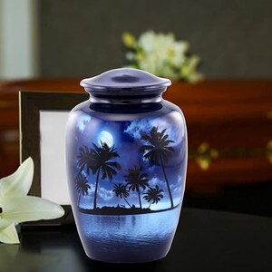 Puede incluir: Una urna de cremaci&oacute;n azul y plateada con una escena tropical de palmeras y una luna llena reflejada en el agua.