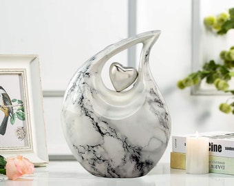 Carrara White Teardrop Urn - Metal Teardrop Cremation Urn - Unique Design Funeral and Memorial Urns for Human Ashes upto 210 Cubic Inches