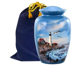 Lighthouse Cremation Urn, Adult Lighthouse Urn, Funeral and Memorial Cremation Urns for Human Ashes up to 200 lbs with Velvet Bag